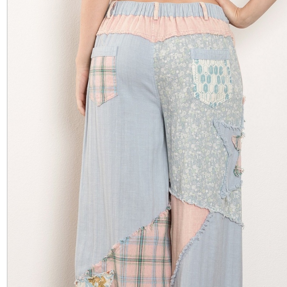 Patchwork Wide Leg Pants in Pastel Pink & Blue - Picture 6 of 7